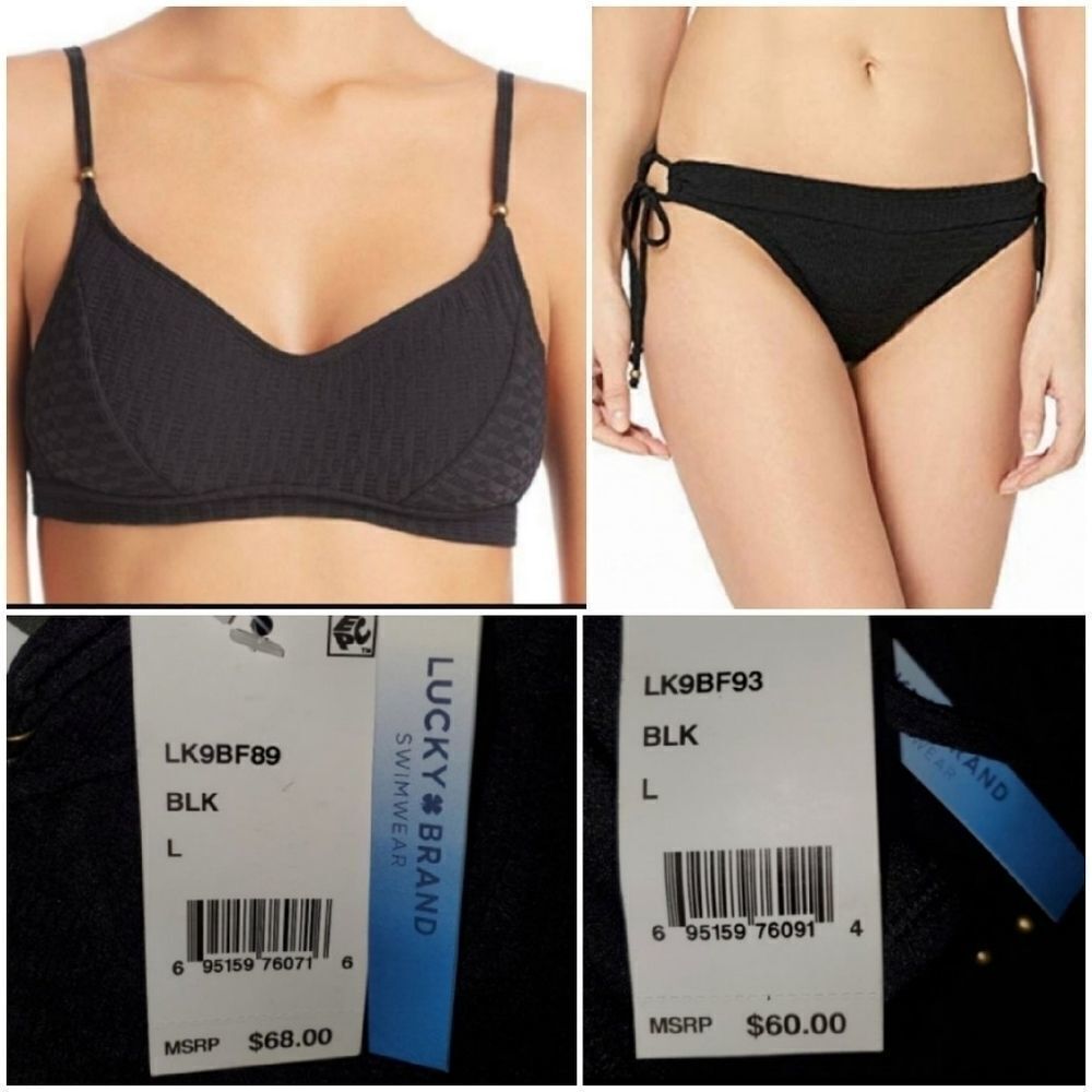 Lucky Brand Sz Large black bralette top & side Tie bottom 2 piece Bikini…